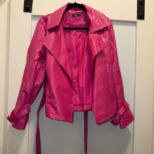 SHEIN Hot Pink Croc-Embossed Faux Leather Jacket